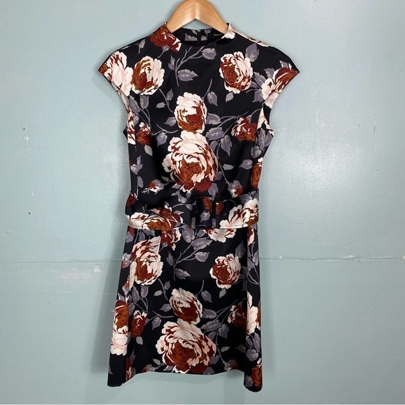 Theory Mod Dress Floral Victoria Belted Shift Mini Work Office Sz 2 - Picture 2 of 12